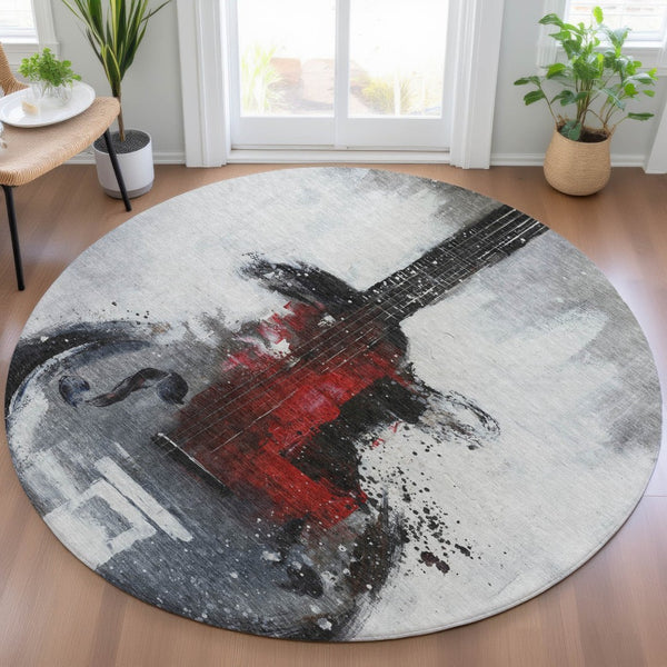 HomeRoots 5' Stylish Gray Charcoal and Red Abstract Area Rug for Indoor Outdoor Durability and Easy Care 8' Round 631157