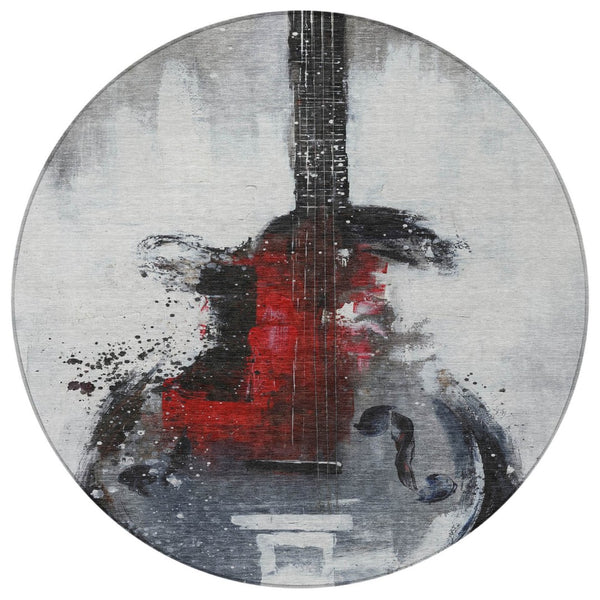 HomeRoots 5' Stylish Gray Charcoal and Red Abstract Area Rug for Indoor Outdoor Durability and Easy Care 8' Round 631157