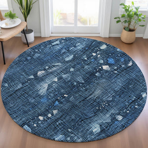 HomeRoots 5' Blue and Ivory Abstract Area Rug – Washable and Durable for Indoor and Outdoor Living Spaces 8' Round 631163