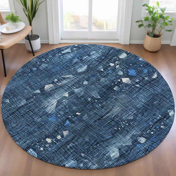 HomeRoots 5' Blue and Ivory Abstract Area Rug – Washable and Durable for Indoor and Outdoor Living Spaces 8' Round 631163