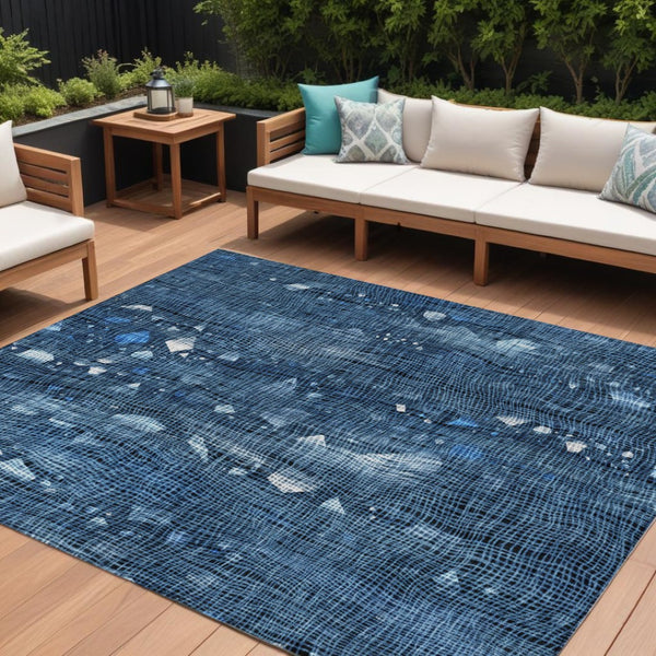 HomeRoots 5' Blue and Ivory Abstract Area Rug – Washable and Durable for Indoor and Outdoor Living Spaces 10' X 14' 631166