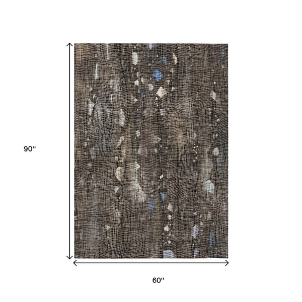 HomeRoots 5' Modern Chocolate and Beige Abstract Washable Area Rug for Indoor and Outdoor Use, Durable Style 5' X 8' 631168