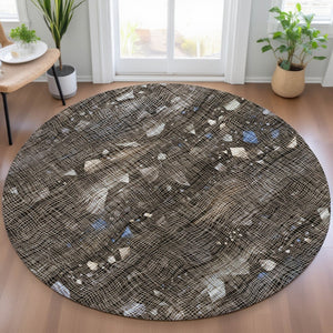 HomeRoots 5' Modern Chocolate and Beige Abstract Washable Area Rug for Indoor and Outdoor Use, Durable Style 8' Round 631169
