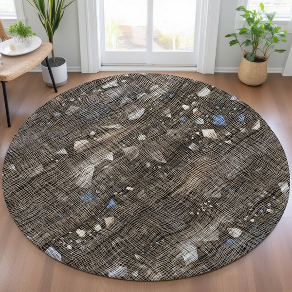 HomeRoots 5' Modern Chocolate and Beige Abstract Washable Area Rug for Indoor and Outdoor Use, Durable Style 8' Round 631169
