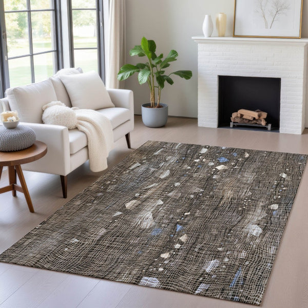 HomeRoots 5' Modern Chocolate and Beige Abstract Washable Area Rug for Indoor and Outdoor Use, Durable Style 10' X 14' 631172