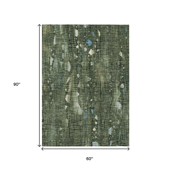 HomeRoots 5' Modern Fern Green and Beige Abstract Washable Area Rug for Indoor and Outdoor Spaces 5' X 8' 631174