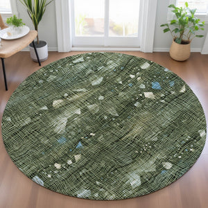 HomeRoots 5' Modern Fern Green and Beige Abstract Washable Area Rug for Indoor and Outdoor Spaces 8' Round 631175