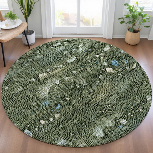 HomeRoots 5' Modern Fern Green and Beige Abstract Washable Area Rug for Indoor and Outdoor Spaces 8' Round 631175