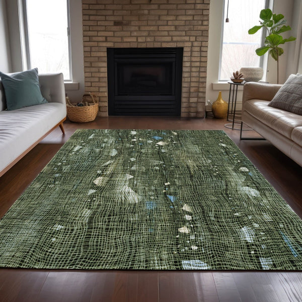 HomeRoots 5' Modern Fern Green and Beige Abstract Washable Area Rug for Indoor and Outdoor Spaces 8' X 10' 631176