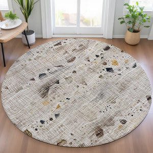 HomeRoots 5' Linen and Gold Abstract Area Rug - Modern, Washable, Stain-Resistant, Perfect for Indoor and Outdoor Spaces 8' Round 631181