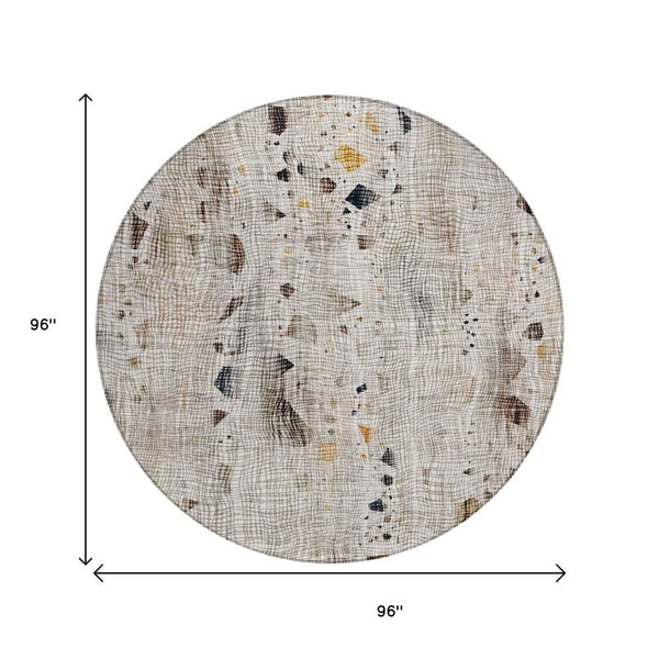 HomeRoots 5' Linen and Gold Abstract Area Rug - Modern, Washable, Stain-Resistant, Perfect for Indoor and Outdoor Spaces 8' Round 631181