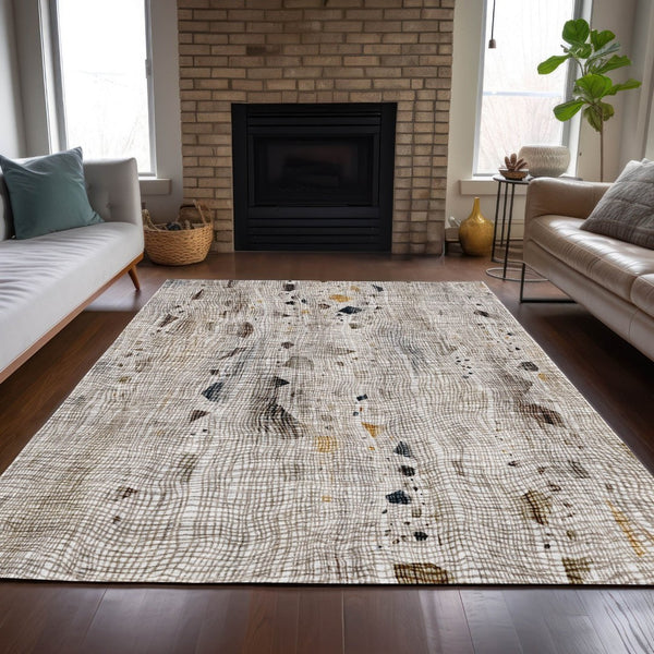 HomeRoots 5' Linen and Gold Abstract Area Rug - Modern, Washable, Stain-Resistant, Perfect for Indoor and Outdoor Spaces 9' X 12' 631183