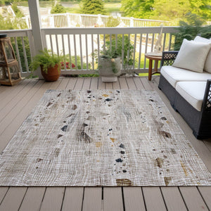 HomeRoots 5' Linen and Gold Abstract Area Rug - Modern, Washable, Stain-Resistant, Perfect for Indoor and Outdoor Spaces 9' X 12' 631183