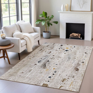 HomeRoots 5' Linen and Gold Abstract Area Rug - Modern, Washable, Stain-Resistant, Perfect for Indoor and Outdoor Spaces 10' X 14' 631184