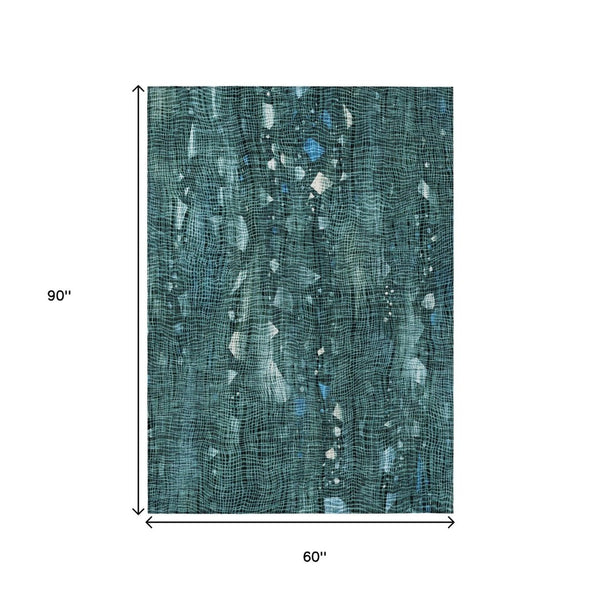 HomeRoots 5' Teal Blue and Ivory Abstract Washable Area Rug for Stylish Indoor and Outdoor Spaces 5' X 8' 631186