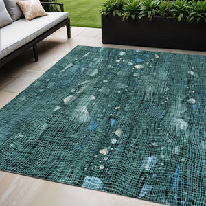 HomeRoots 5' Teal Blue and Ivory Abstract Washable Area Rug for Stylish Indoor and Outdoor Spaces 5' X 8' 631186