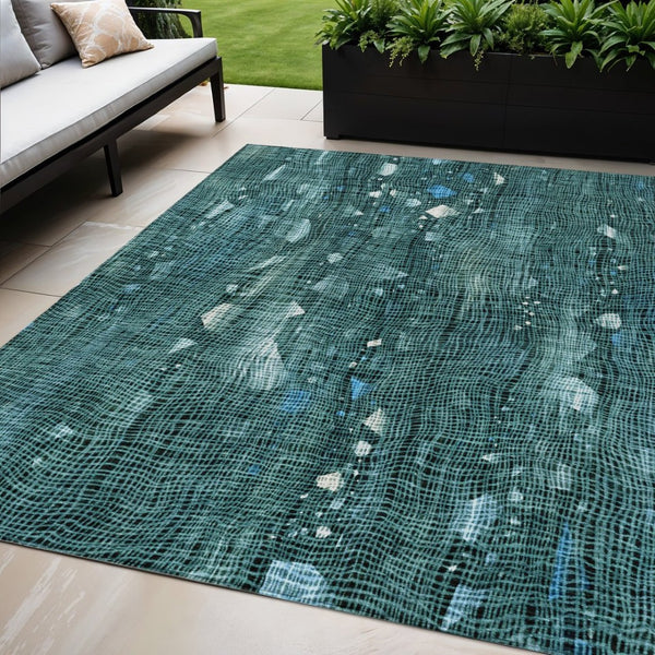 HomeRoots 5' Teal Blue and Ivory Abstract Washable Area Rug for Stylish Indoor and Outdoor Spaces 5' X 8' 631186