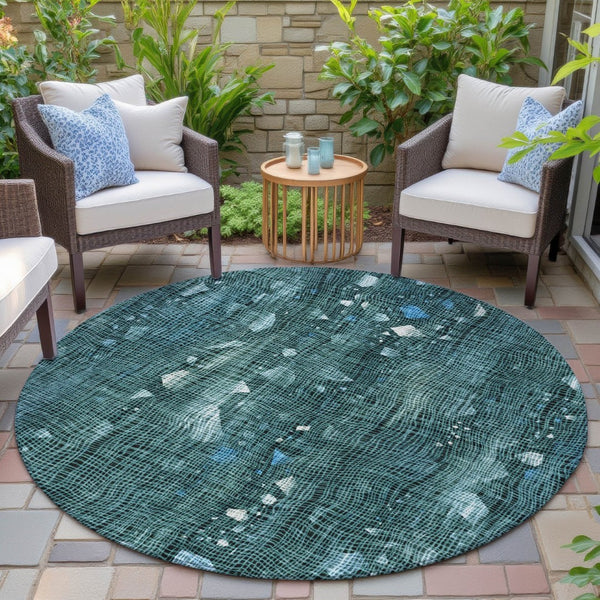 HomeRoots 5' Teal Blue and Ivory Abstract Washable Area Rug for Stylish Indoor and Outdoor Spaces 8' Round 631187