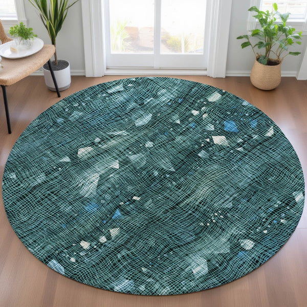 HomeRoots 5' Teal Blue and Ivory Abstract Washable Area Rug for Stylish Indoor and Outdoor Spaces 8' Round 631187