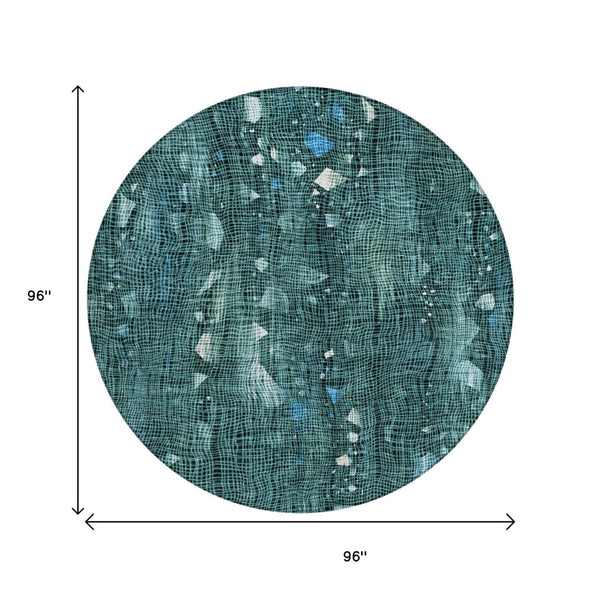 HomeRoots 5' Teal Blue and Ivory Abstract Washable Area Rug for Stylish Indoor and Outdoor Spaces 8' Round 631187