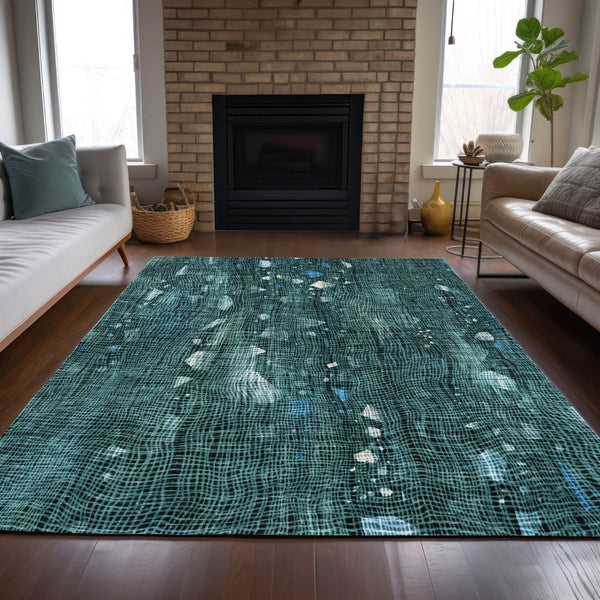 HomeRoots 5' Teal Blue and Ivory Abstract Washable Area Rug for Stylish Indoor and Outdoor Spaces 8' X 10' 631188