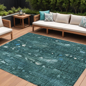 HomeRoots 5' Teal Blue and Ivory Abstract Washable Area Rug for Stylish Indoor and Outdoor Spaces 9' X 12' 631189