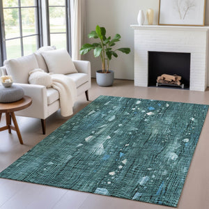 HomeRoots 5' Teal Blue and Ivory Abstract Washable Area Rug for Stylish Indoor and Outdoor Spaces 9' X 12' 631189