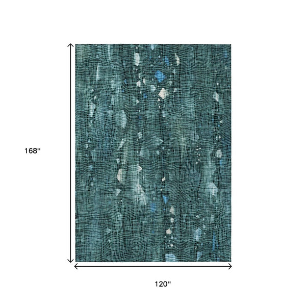 HomeRoots 5' Teal Blue and Ivory Abstract Washable Area Rug for Stylish Indoor and Outdoor Spaces 10' X 14' 631190