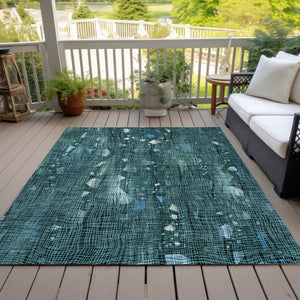 HomeRoots 5' Teal Blue and Ivory Abstract Washable Area Rug for Stylish Indoor and Outdoor Spaces 10' X 14' 631190