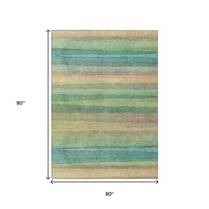 HomeRoots 5' Vibrant Artichoke Green, Peach & Teal Striped Washable Area Rug for Indoor/Outdoor Comfort 5' X 8' 631192