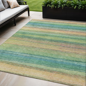 HomeRoots 5' Vibrant Artichoke Green, Peach & Teal Striped Washable Area Rug for Indoor/Outdoor Comfort 5' X 8' 631192