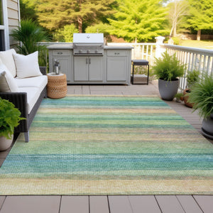 HomeRoots 5' Vibrant Artichoke Green, Peach & Teal Striped Washable Area Rug for Indoor/Outdoor Comfort 5' X 8' 631192