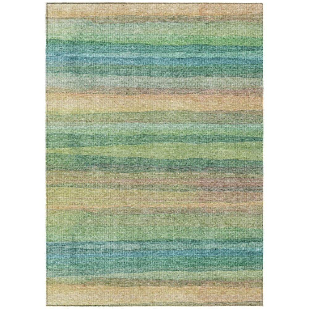 HomeRoots 5' Vibrant Artichoke Green, Peach & Teal Striped Washable Area Rug for Indoor/Outdoor Comfort 5' X 8' 631192