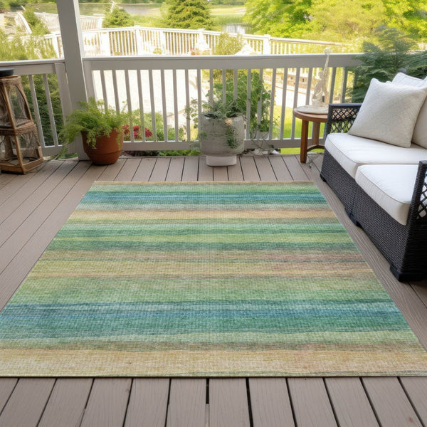 HomeRoots 5' Vibrant Artichoke Green, Peach & Teal Striped Washable Area Rug for Indoor/Outdoor Comfort 5' X 8' 631192