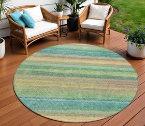 HomeRoots 5' Vibrant Artichoke Green, Peach & Teal Striped Washable Area Rug for Indoor/Outdoor Comfort 8' Round 631193