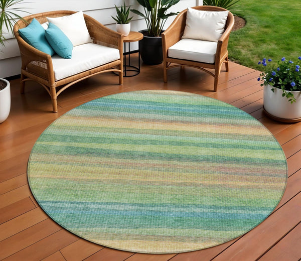 HomeRoots 5' Vibrant Artichoke Green, Peach & Teal Striped Washable Area Rug for Indoor/Outdoor Comfort 8' Round 631193