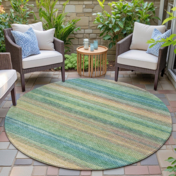 HomeRoots 5' Vibrant Artichoke Green, Peach & Teal Striped Washable Area Rug for Indoor/Outdoor Comfort 8' Round 631193