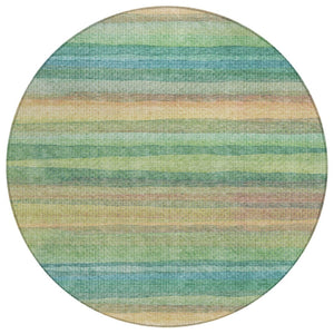 HomeRoots 5' Vibrant Artichoke Green, Peach & Teal Striped Washable Area Rug for Indoor/Outdoor Comfort 8' Round 631193