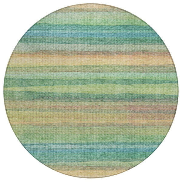 HomeRoots 5' Vibrant Artichoke Green, Peach & Teal Striped Washable Area Rug for Indoor/Outdoor Comfort 8' Round 631193