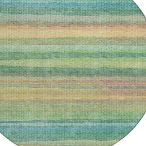 HomeRoots 5' Vibrant Artichoke Green, Peach & Teal Striped Washable Area Rug for Indoor/Outdoor Comfort 8' Round 631193
