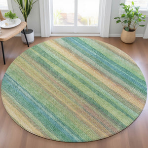 HomeRoots 5' Vibrant Artichoke Green, Peach & Teal Striped Washable Area Rug for Indoor/Outdoor Comfort 8' Round 631193