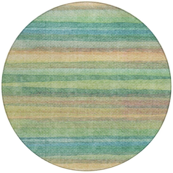 HomeRoots 5' Vibrant Artichoke Green, Peach & Teal Striped Washable Area Rug for Indoor/Outdoor Comfort 8' Round 631193