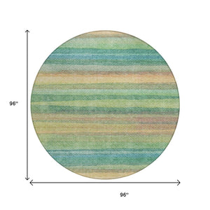 HomeRoots 5' Vibrant Artichoke Green, Peach & Teal Striped Washable Area Rug for Indoor/Outdoor Comfort 8' Round 631193