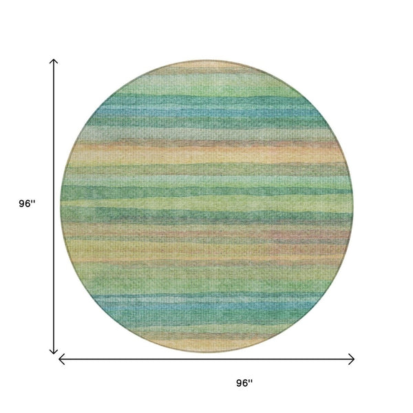 HomeRoots 5' Vibrant Artichoke Green, Peach & Teal Striped Washable Area Rug for Indoor/Outdoor Comfort 8' Round 631193