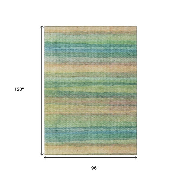 HomeRoots 5' Vibrant Artichoke Green, Peach & Teal Striped Washable Area Rug for Indoor/Outdoor Comfort 8' X 10' 631194