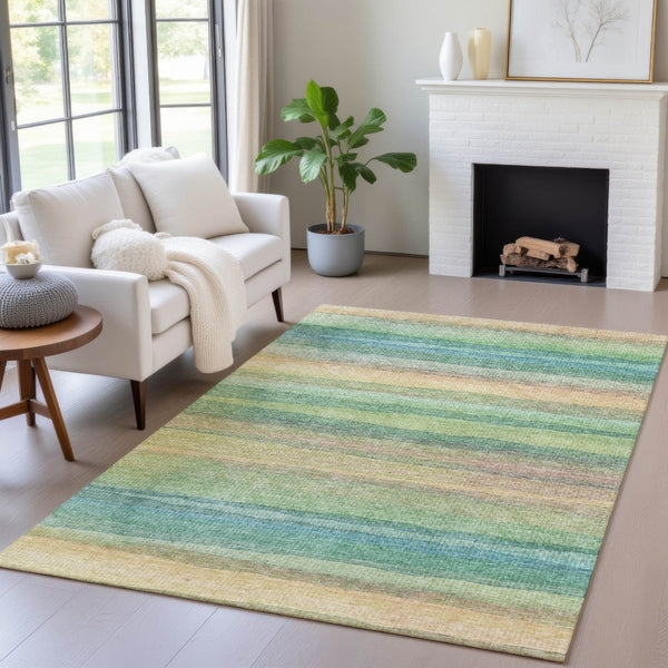 HomeRoots 5' Vibrant Artichoke Green, Peach & Teal Striped Washable Area Rug for Indoor/Outdoor Comfort 8' X 10' 631194