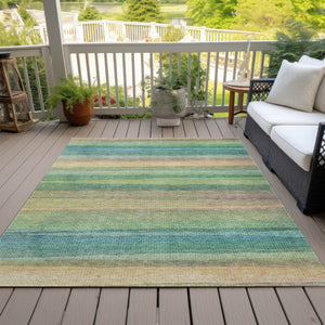 HomeRoots 5' Vibrant Artichoke Green, Peach & Teal Striped Washable Area Rug for Indoor/Outdoor Comfort 8' X 10' 631194