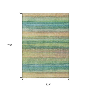 HomeRoots 5' Vibrant Artichoke Green, Peach & Teal Striped Washable Area Rug for Indoor/Outdoor Comfort 10' X 14' 631196