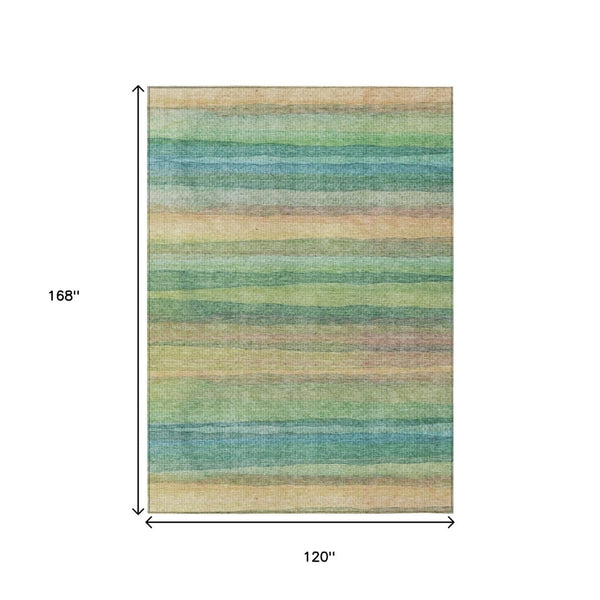 HomeRoots 5' Vibrant Artichoke Green, Peach & Teal Striped Washable Area Rug for Indoor/Outdoor Comfort 10' X 14' 631196