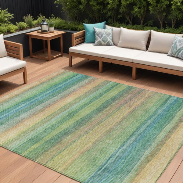 HomeRoots 5' Vibrant Artichoke Green, Peach & Teal Striped Washable Area Rug for Indoor/Outdoor Comfort 10' X 14' 631196